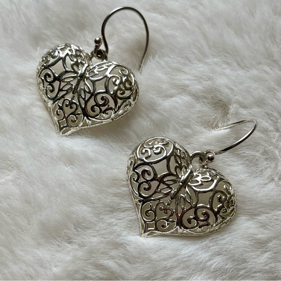 ATI BR TH | Silver Plated Heart Hollow Filigree Style Drop Wire Ear Hoops - Picture 6 of 10